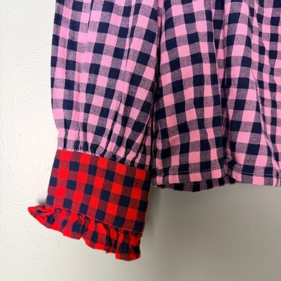 Boden Isla Frill Detail Pink and Black Plaid Cotton Flannel Button Up Shirt - Picture 7 of 10